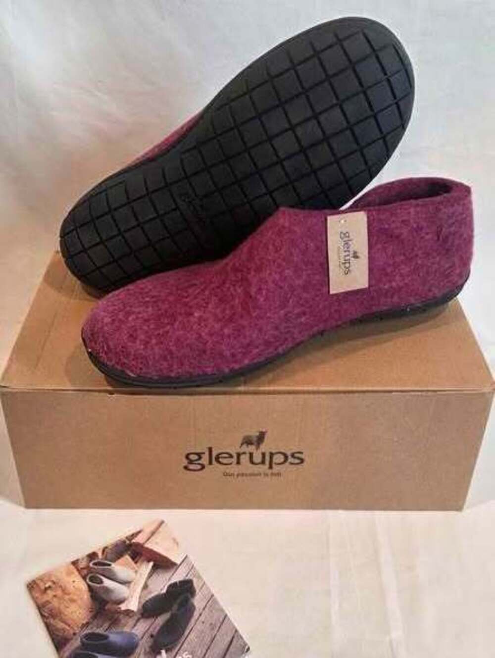 Glerups Cranberry Wool Slippers with Black Rubber Sole Size 45